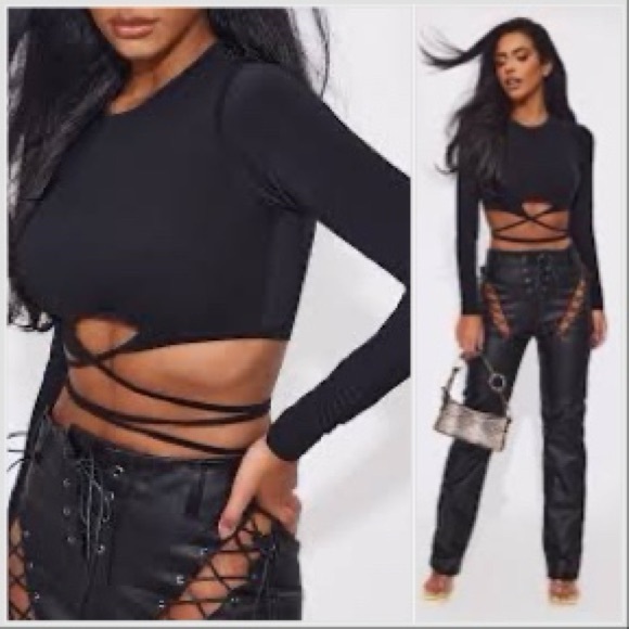 Pretty Little Thing Long Sleeve Tie Crop Top Small - Picture 3 of 3